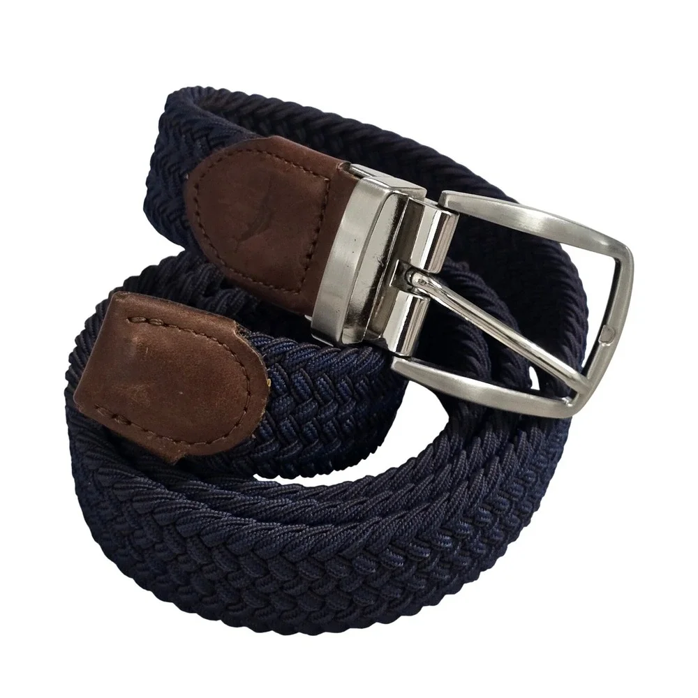 Nautica Mens Braided Stretch Belt‎ Navy Blue Brown Leather Trim L/XL 11TM030007
